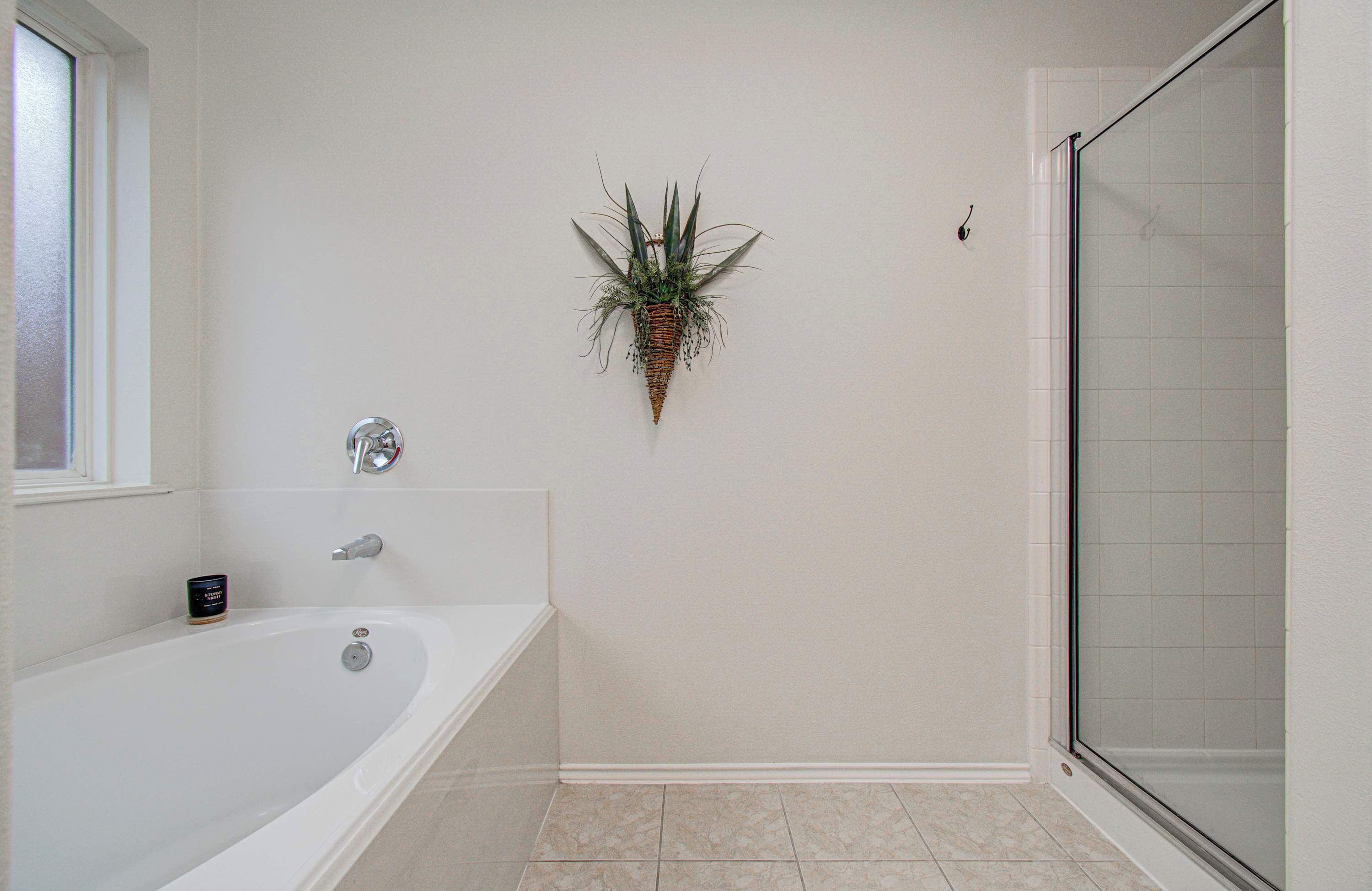 Un baño con bañera, ducha y una planta en la pared.