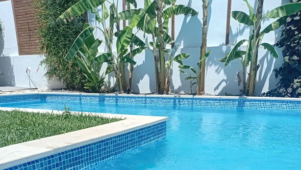 Une piscine d’un bleu éclatant, bordée de carreaux, entourée de verdure et adossée à un mur blanc.