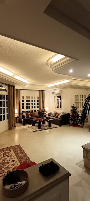 Una sala de estar amplia con un sofá, una mesita de centro y un pequeño árbol de Navidad.