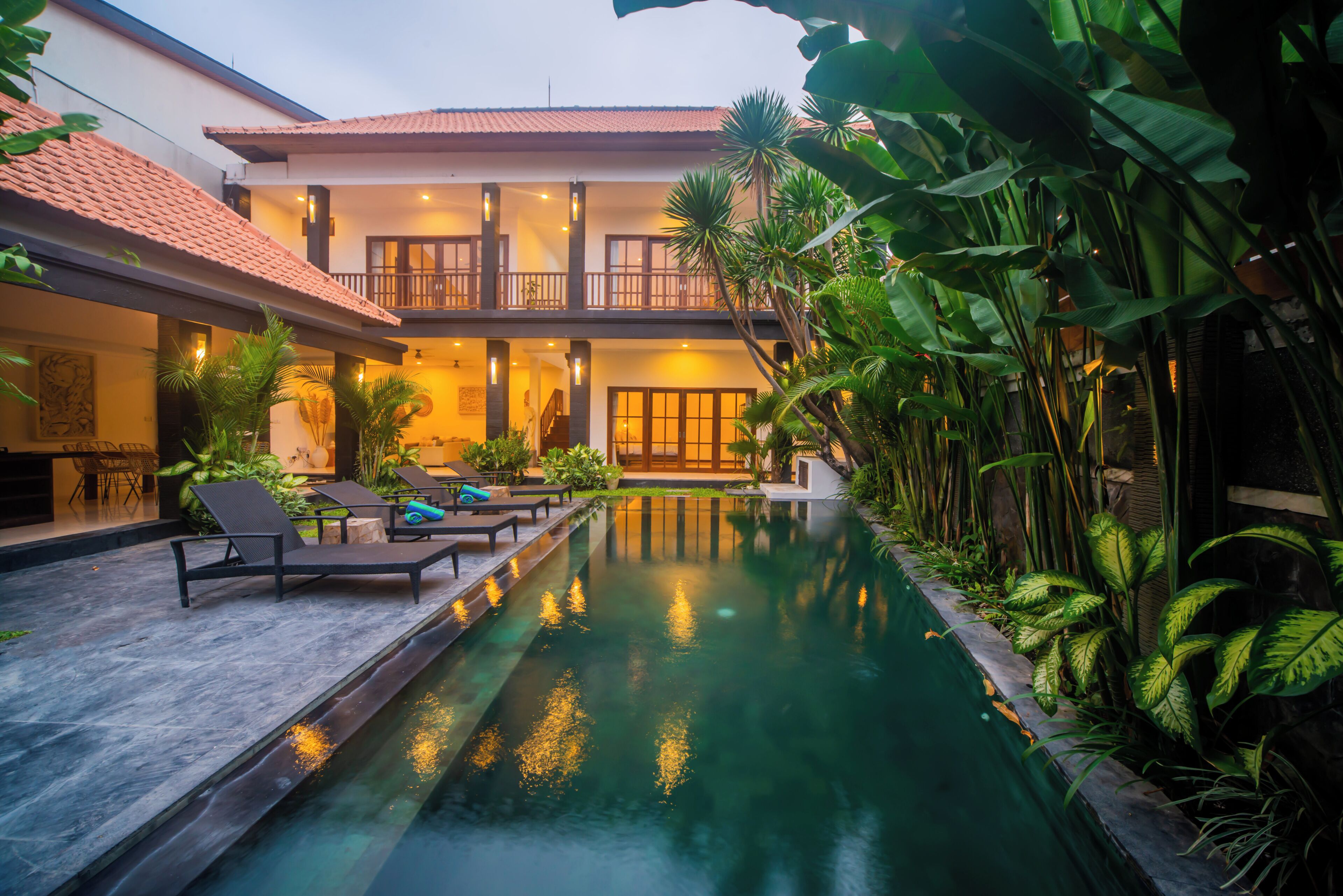 Outdoor pool, pool umbrellas, pool loungers