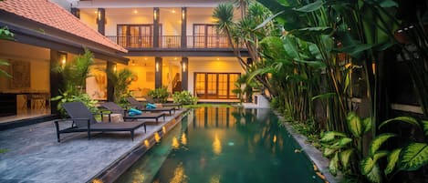 Outdoor pool, pool umbrellas, pool loungers