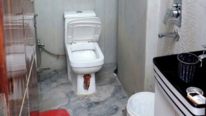 Ein Badezimmer mit Toilette, Dusche und Waschbecken.