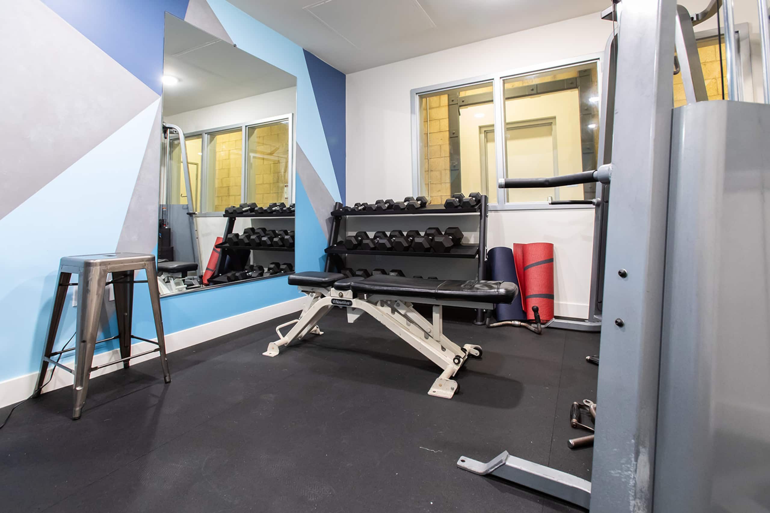 A gym with a bench press, dumbbells, and a squat rack.