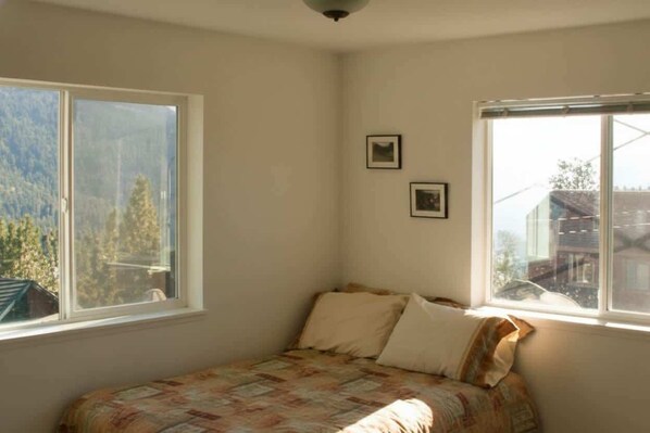 A bedroom with a bed, two windows, and a view of mountains.