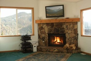 A room with a stone fireplace, a television above it, and a view of a forest through large windows.