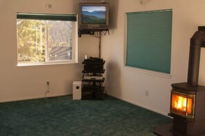A room with a fireplace, a television mounted on the wall, and a window with a view of trees.