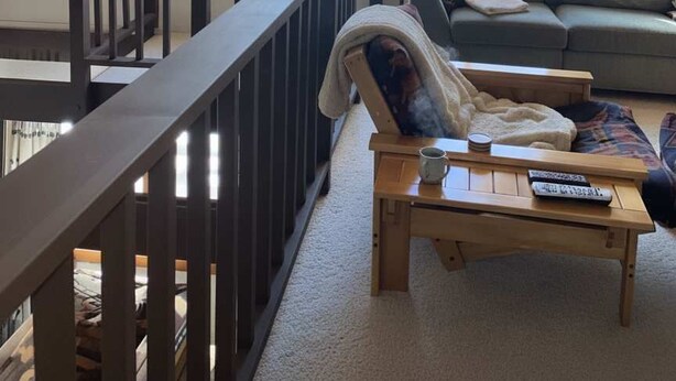 A cozy loft bedroom with a sloped ceiling, large windows, a balcony, a sofa, and a coffee table. - Cabin close to hiking trails and ski resorts (South Lake Tahoe)