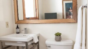 A bathroom with a white sink, a toilet, a mirror, and a small plant on the toilet. - Cabin close to hiking trails and ski resorts (South Lake Tahoe)