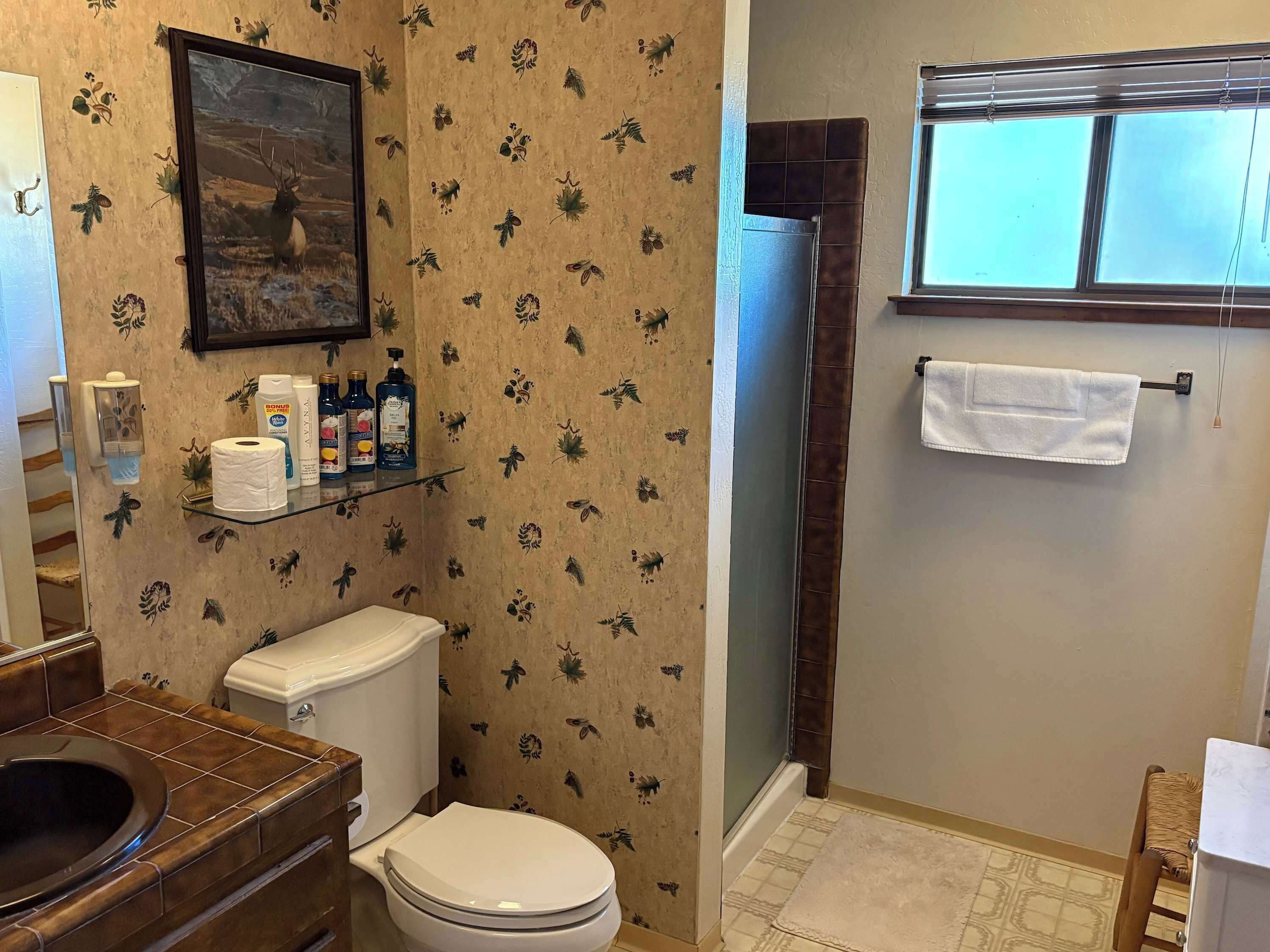 Un baño con inodoro, ducha, lavabo y ventana.