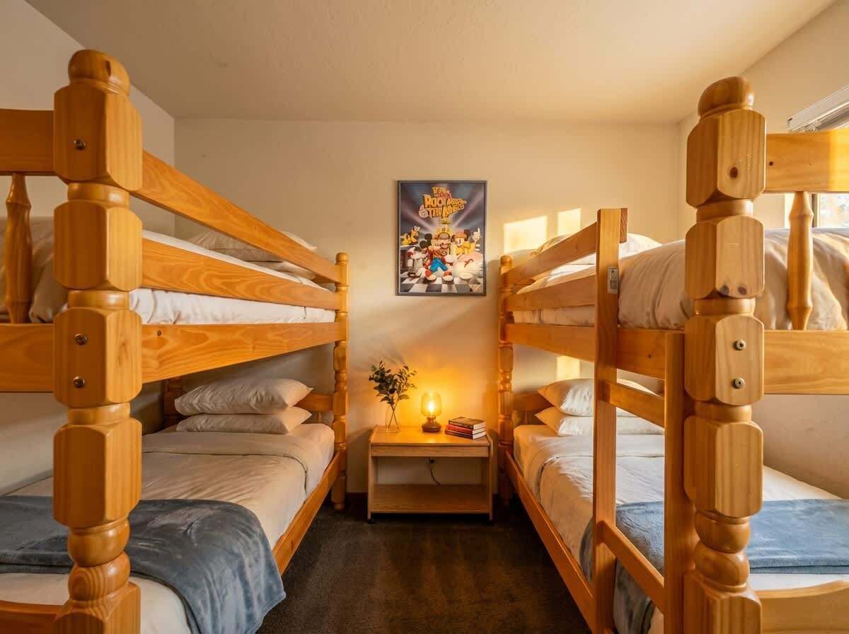 Ein Zimmer mit Etagenbetten, einem Poster an der Wand, einem Nachttisch mit Lampe und einem Fenster.