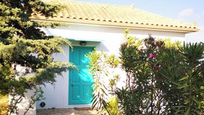 A small building with a turquoise door, surrounded by greenery.