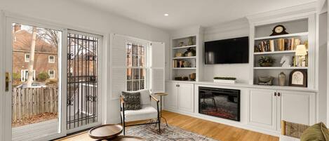 TV, fireplace, books
