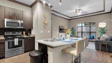 Apartamento, 1 cama Queen e sofá-cama, para não fumantes, cozinha americana | Cozinha privada | Geladeira, micro-ondas, fogão, cooktop