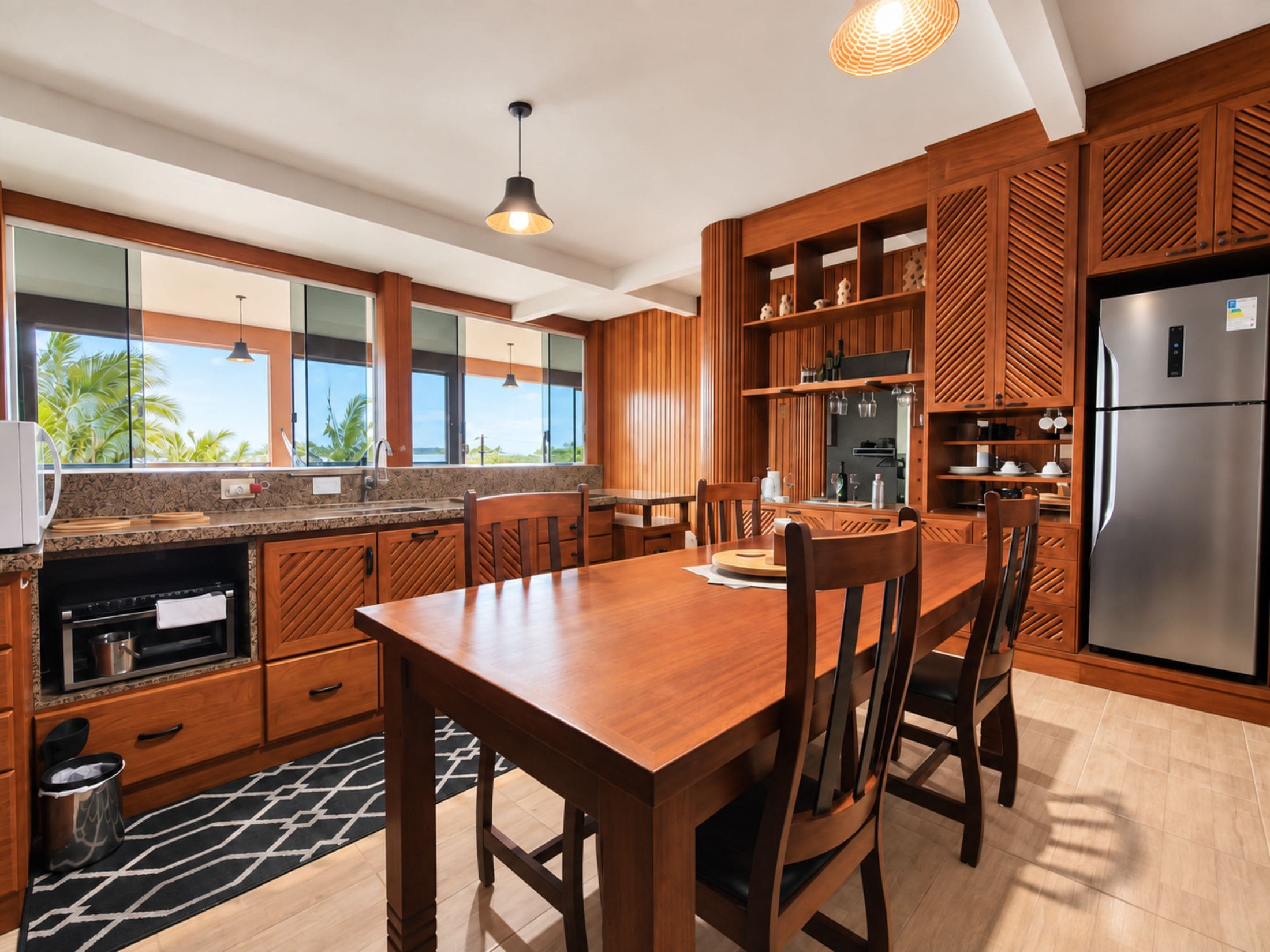 Cocina moderna con armarios de madera, un refrigerador de acero inoxidable y una zona de comedor con mesa y sillas de madera.