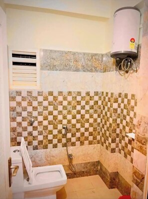 Hair dryer, towels, soap, toilet paper