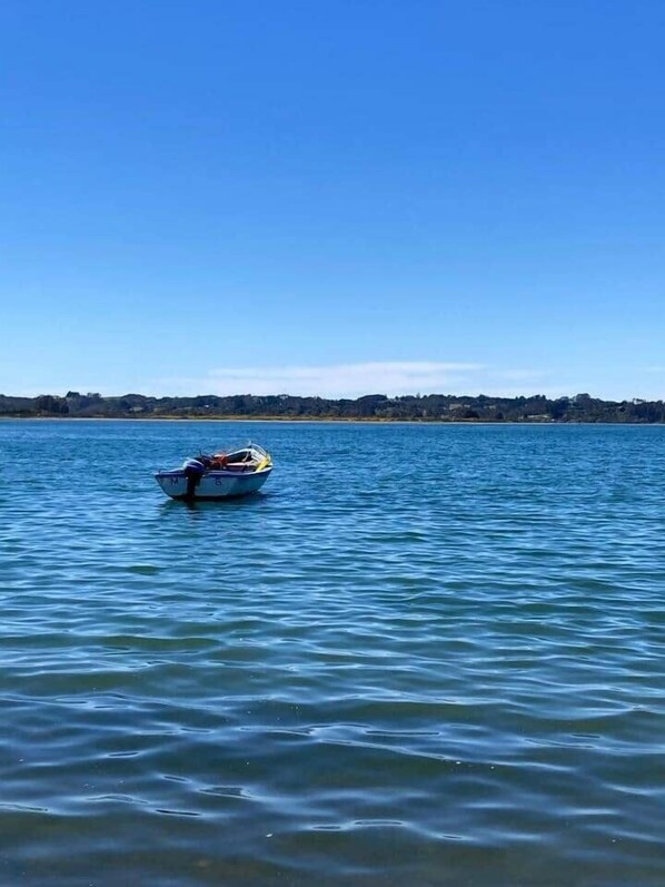 Un petit bateau sur une eau calme, sous un ciel dégagé, avec une côte lointaine à l’horizon.