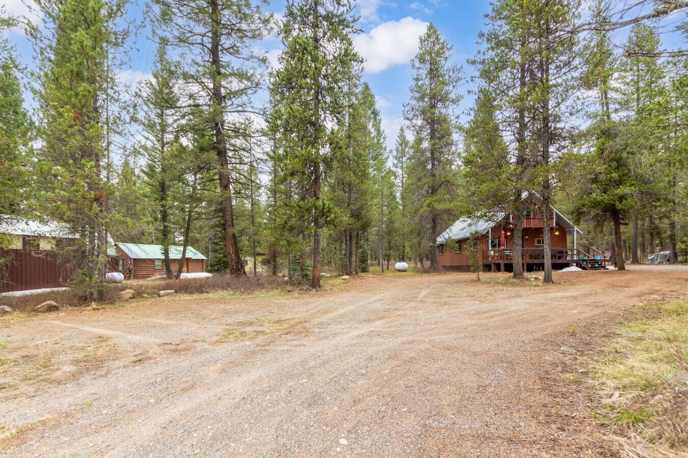 A cabin with a porch, surrounded by tall pine trees.