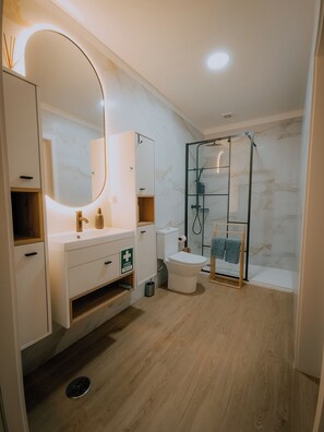 Douche, sèche-cheveux, serviettes fournies, shampoing