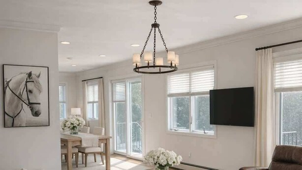 A spacious living room with a large sofa, a coffee table, a fireplace, and a television mounted on the wall. - Home 2 mins. from Shinnecock Golf town SH beaches (Southampton)
