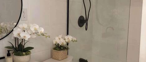 Shower, hair dryer, shampoo