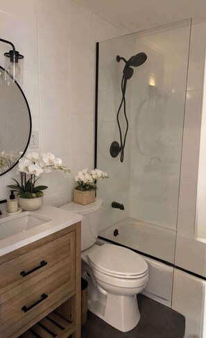 Shower, hair dryer, shampoo