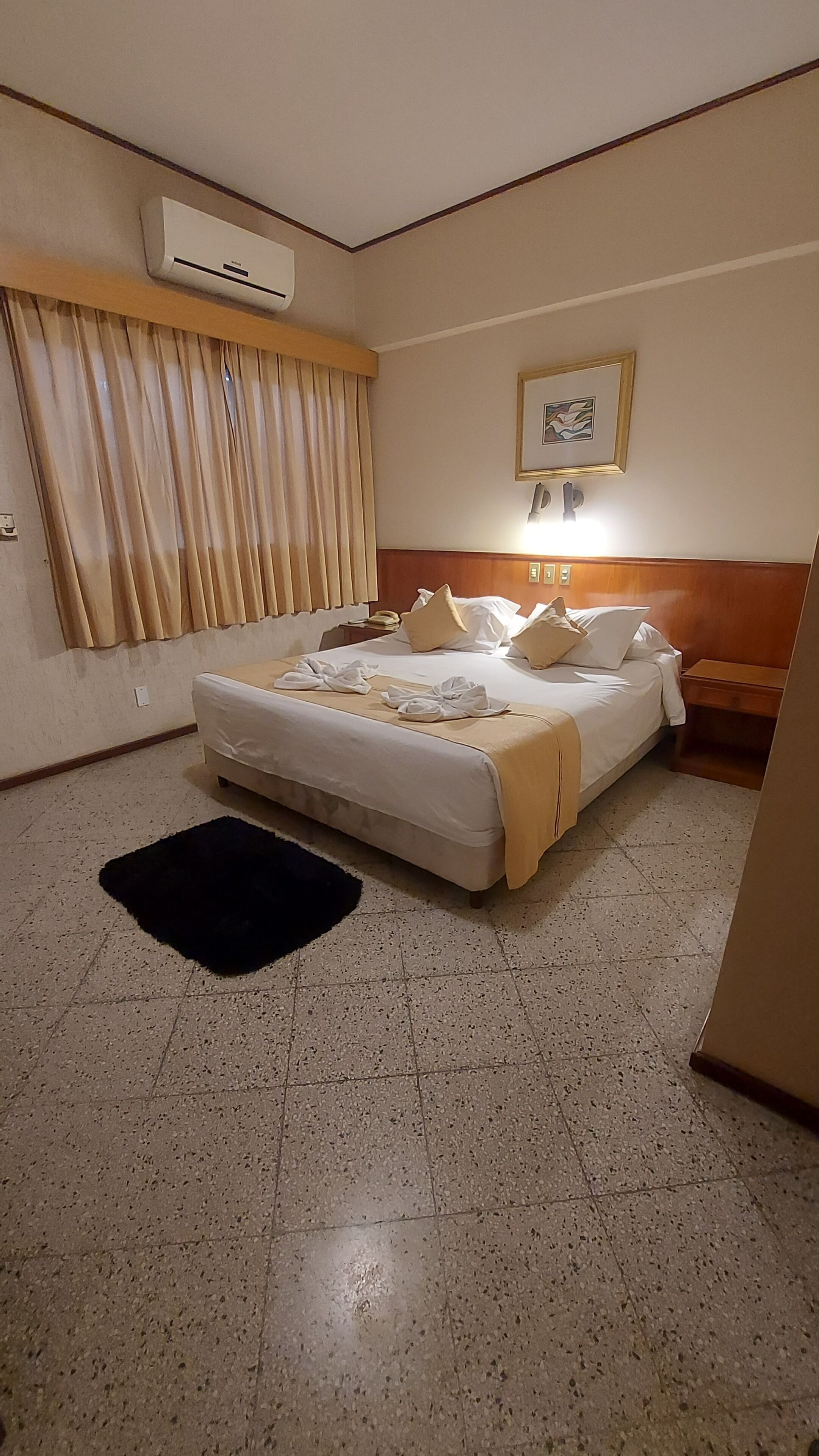 Habitación de hotel con una cama, una mesita de noche, un equipo de aire acondicionado, un cuadro enmarcado en la pared y una alfombra negra.