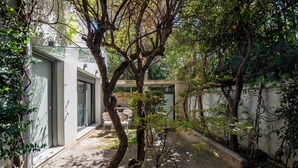 Un bâtiment moderne avec une façade en verre, un petit espace extérieur aménagé pour s’asseoir et un arbre au premier plan.