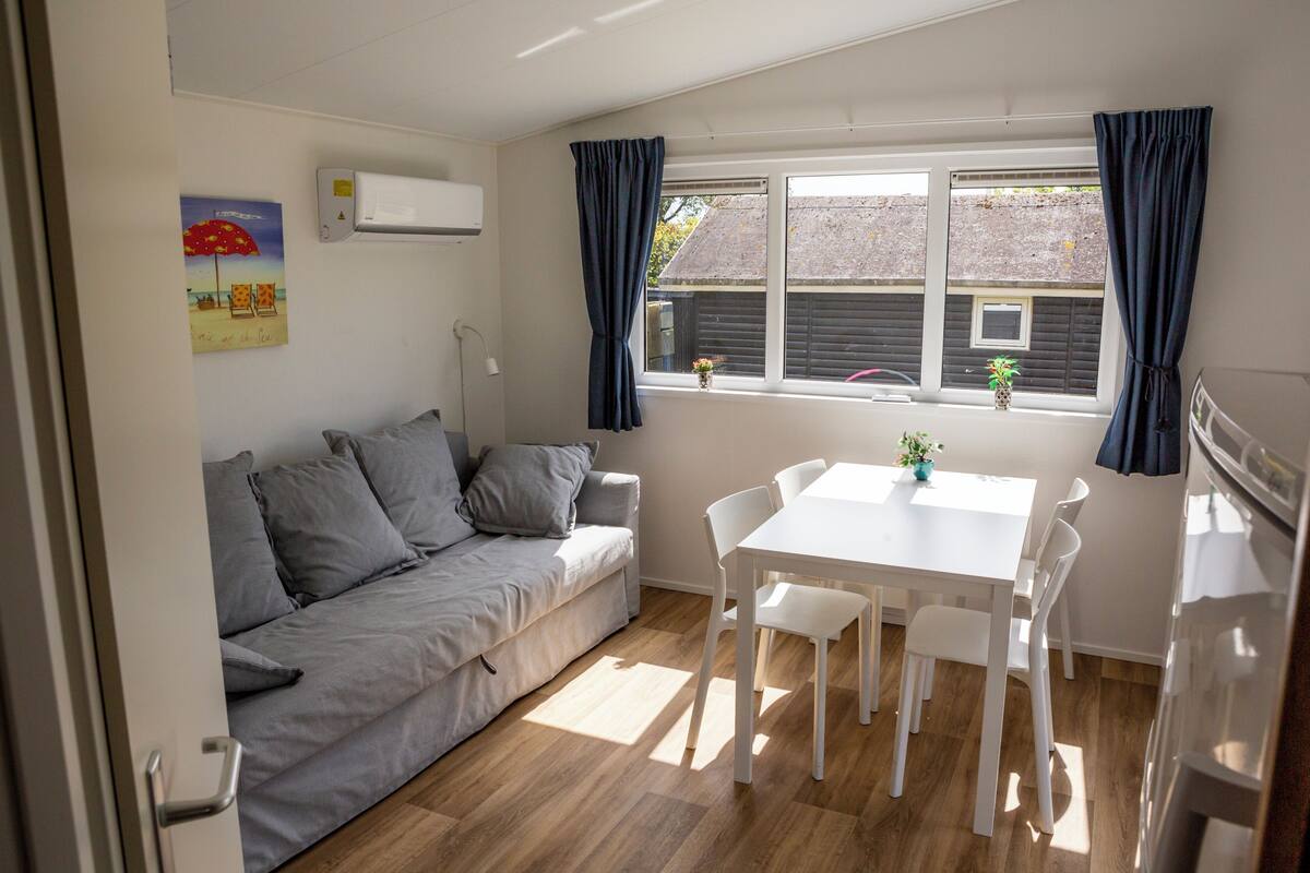 A room with a sofa, a dining table with chairs, a window with curtains, a wall-mounted air conditioner, and a small potted plant on the windowsill.