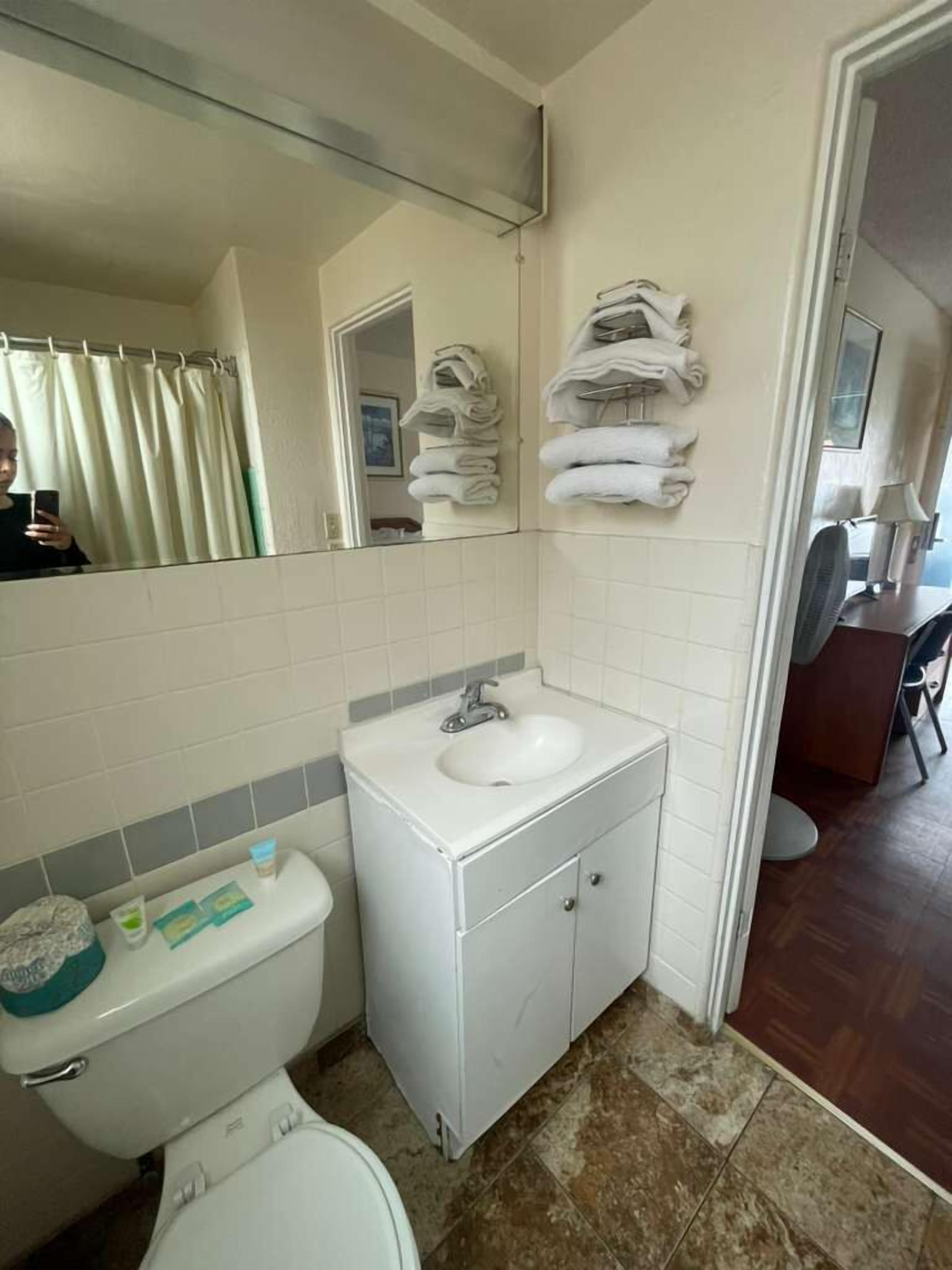 Une salle de bain avec des toilettes, un lavabo et un miroir. Des serviettes sont accrochées au mur et il y a un rideau de douche.