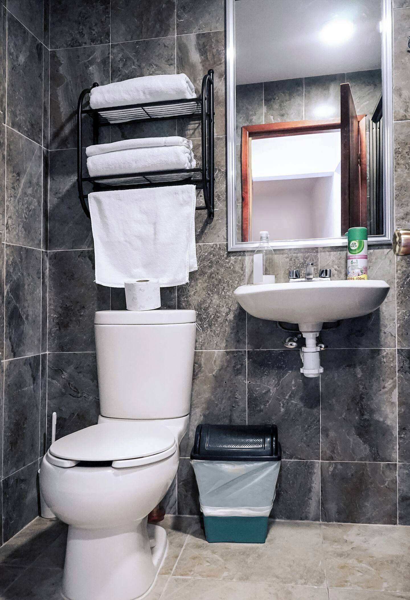 Une salle de bain équipée de toilettes, d’un lavabo, d’un porte-serviettes et d’une poubelle.