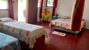 Ein Zimmer mit zwei Betten, einem kleinen Tisch mit Pflanze, einem Fenster mit Vorhängen und einer Tür.