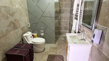 Ducha, toallas, jabón, papel higiénico