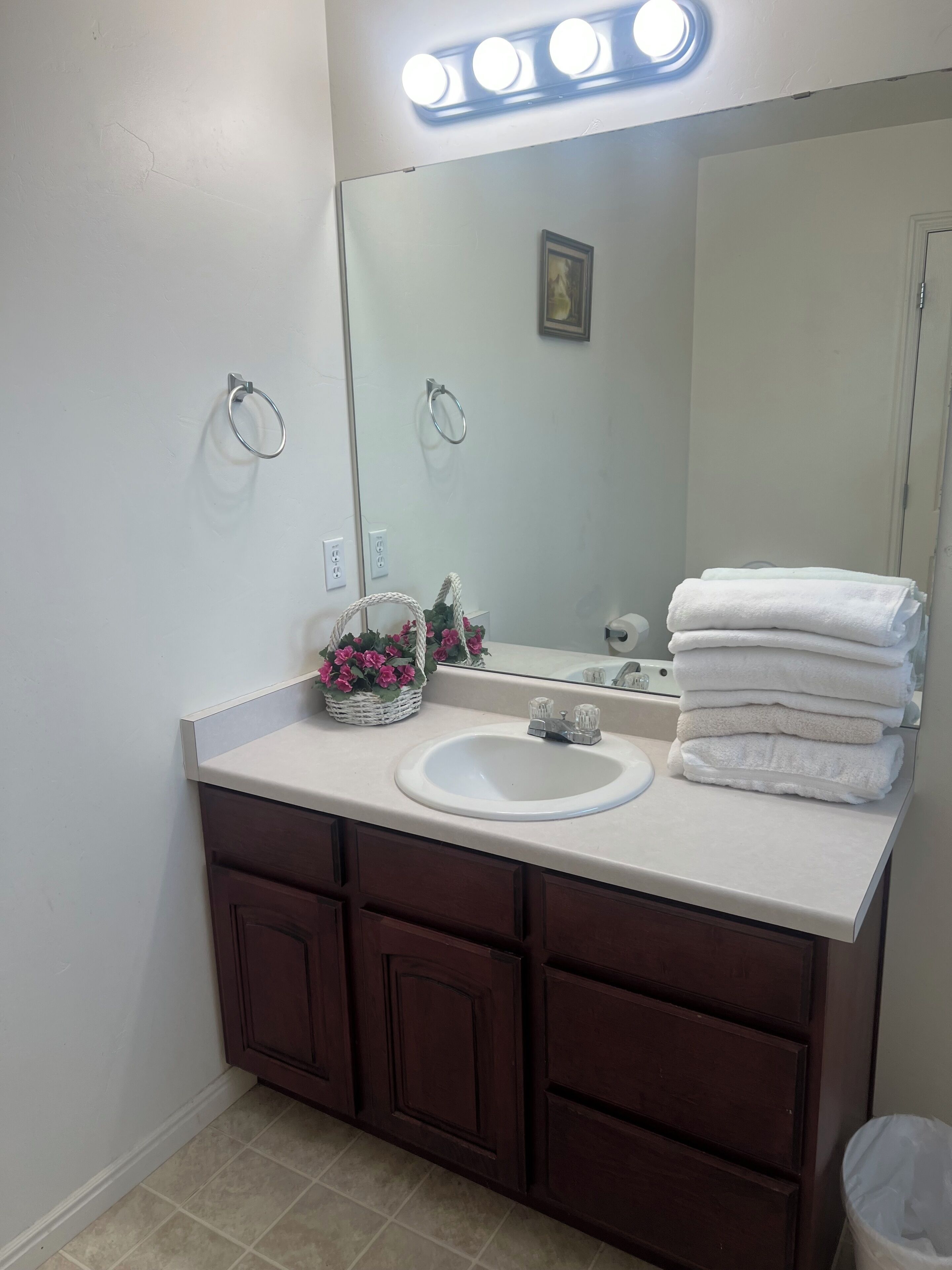 A bathroom with a white sink, dark wooden cabinets, a mirror with lights, and a trash can.