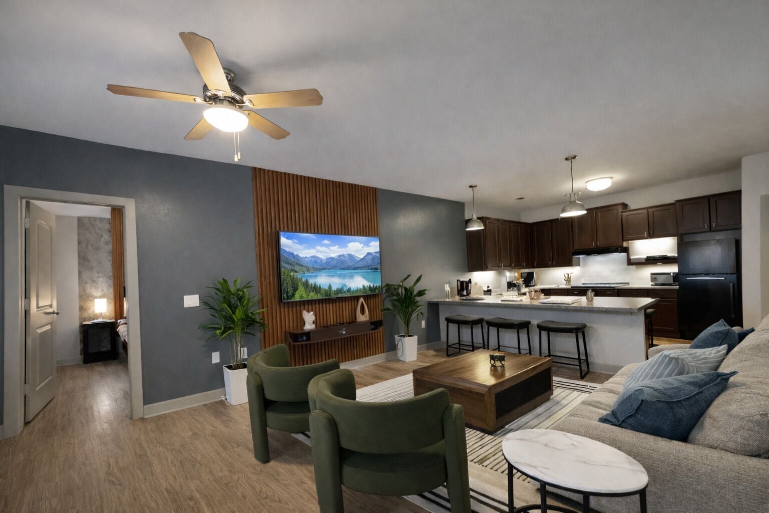 Apartment, 2 Bedrooms, Non Smoking, Kitchen | Living area | 65-inch Smart TV with digital channels