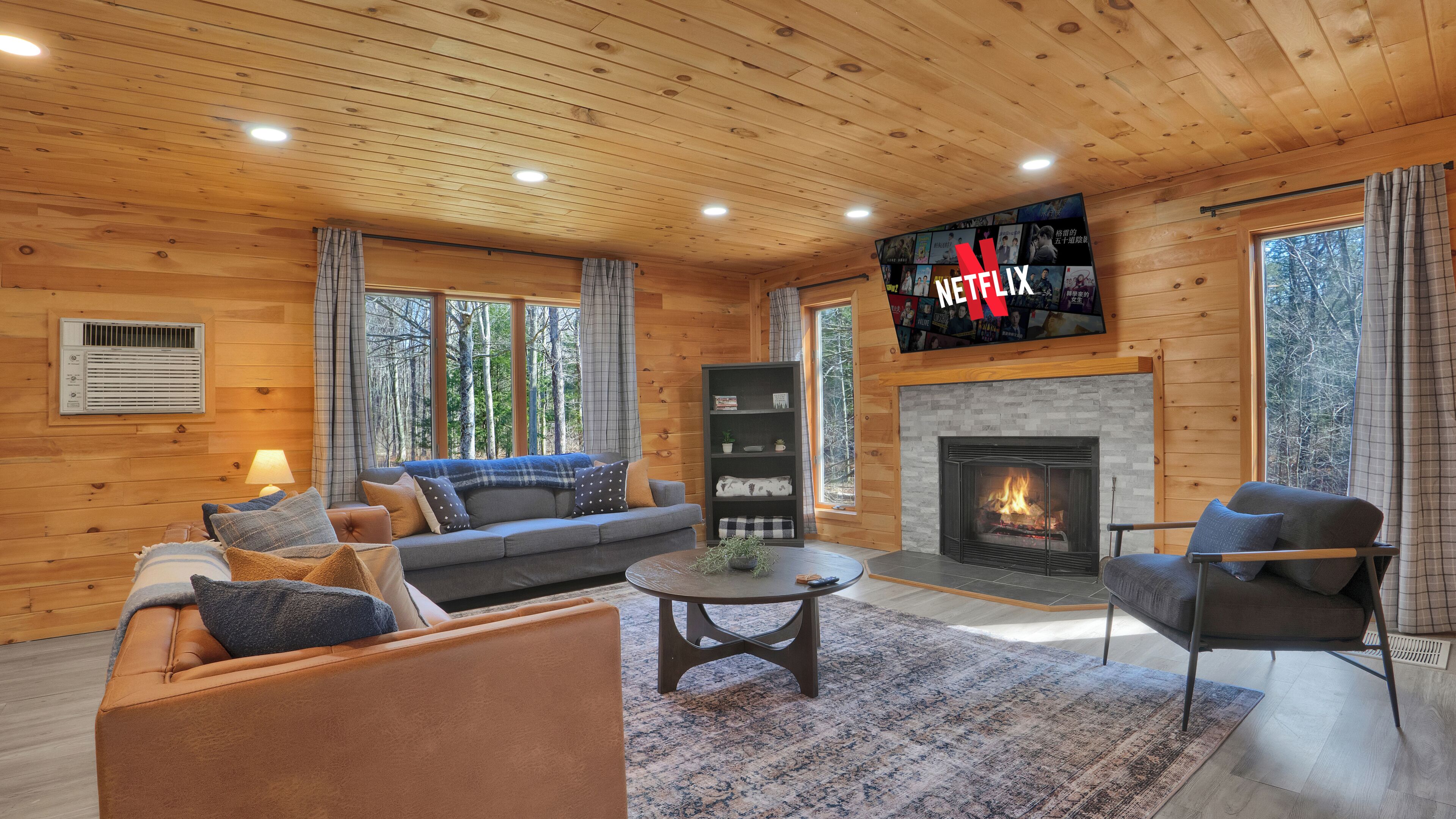 Smart TV, fireplace, foosball