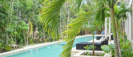 A pool surrounded by lush greenery and palm trees.