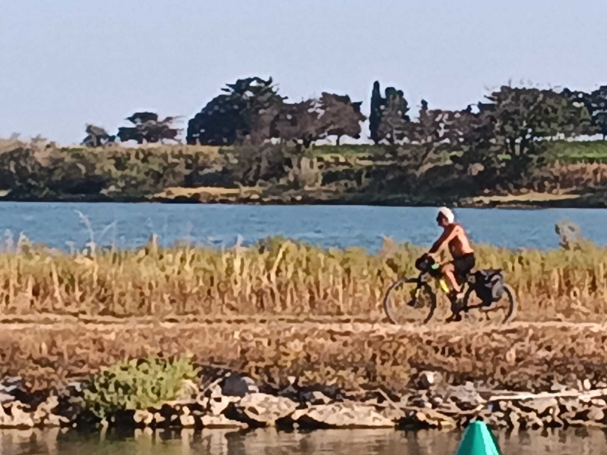 A person cycling along a path beside a body of water, with trees and a field in the background.
