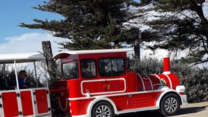 Un vecchio vagone ferroviario rosso e bianco con un'unica porta aperta, parcheggiato su una strada con alberi sullo sfondo.