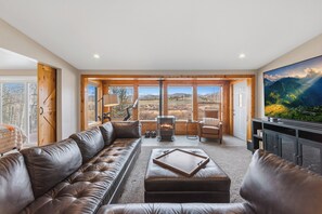 Smart TV, chimenea y libros 
