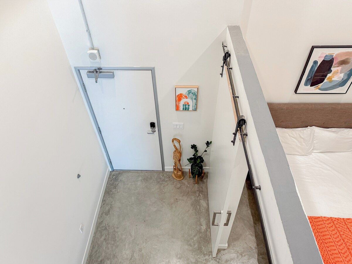 A room with a bed, a door, a wall-mounted shelf, and a small plant.