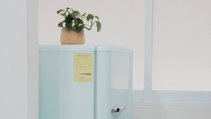 Un réfrigérateur bleu clair, surmonté d’une petite plante, avec une porte dotée d’une poignée et une étiquette sur le devant.