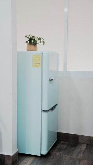 A light blue refrigerator with a small plant on top, a door with a handle, and a label on the front. - Lovely studio w A/C in Jalatlaco -KS bed- Couples (Oaxaca de Juárez)