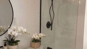 Douche, sèche-cheveux, shampoing