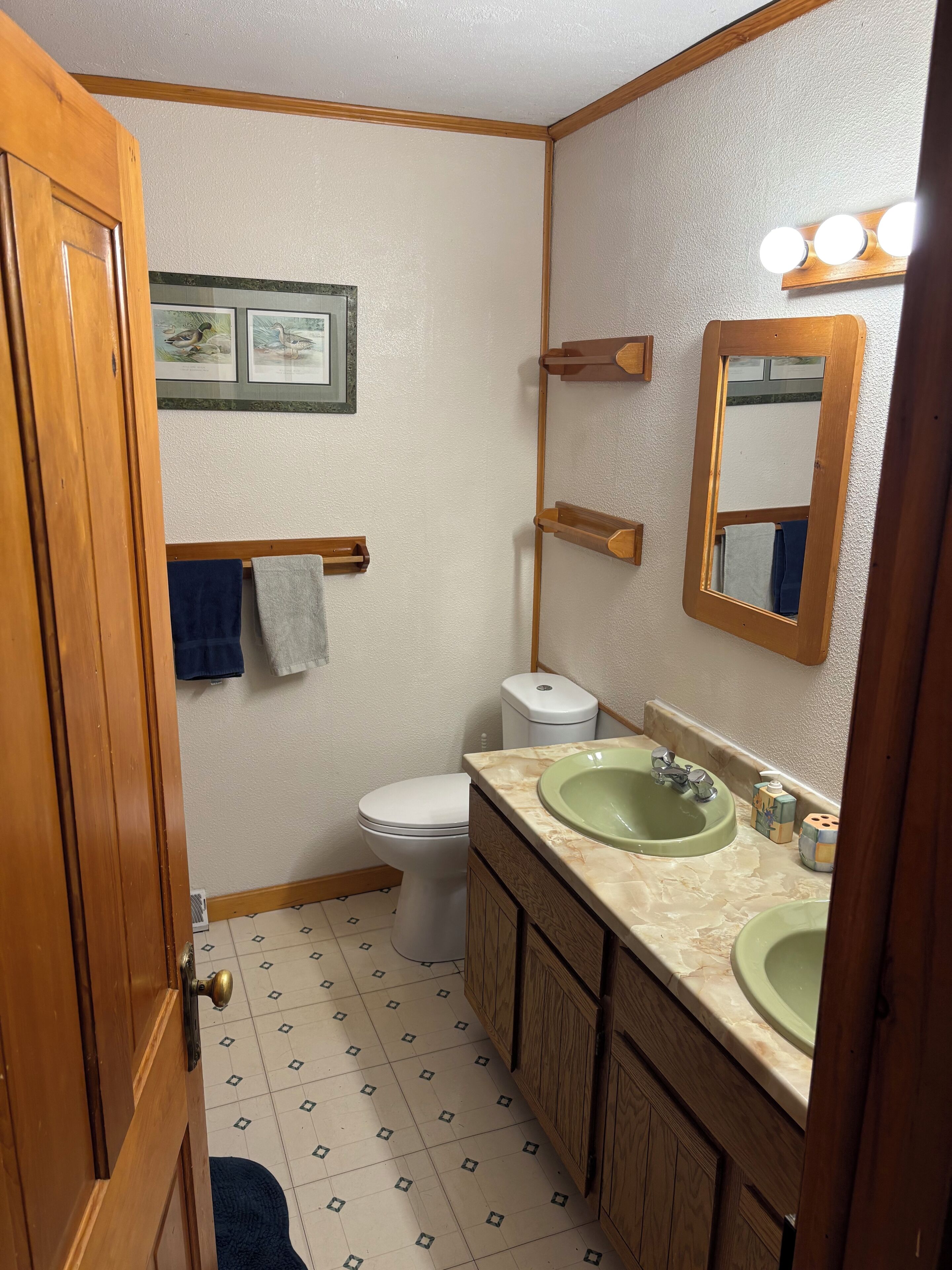 Une salle de bain avec des toilettes, un lavabo, un miroir et une porte en bois.