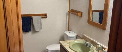 Une salle de bain avec des toilettes, un lavabo, un miroir et une porte en bois.