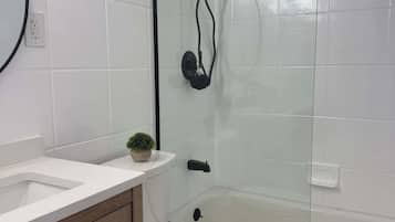 Shower, hair dryer, shampoo