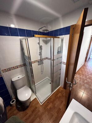 A bathroom with a glass-enclosed shower, a toilet, and a sink.