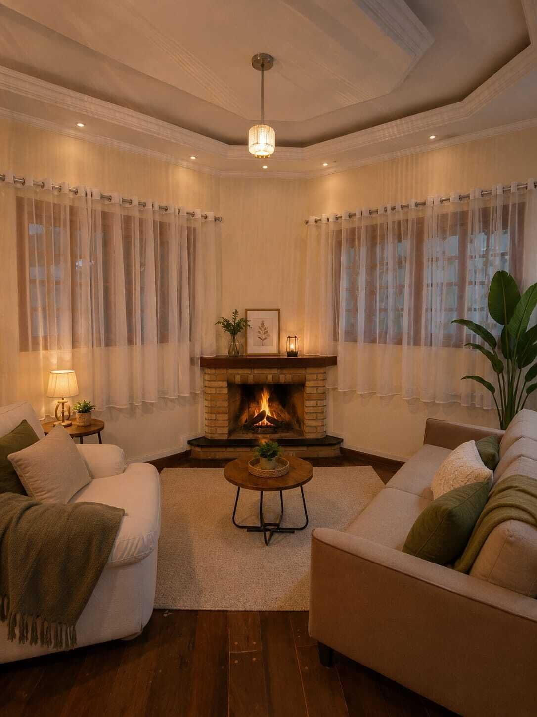 Smart TV, chimenea, libros y estéreo 