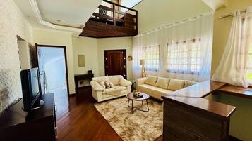 Smart TV, lareira, livros, aparelho de som