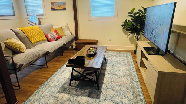 A living room with a sofa, coffee table, TV stand, and a plant.